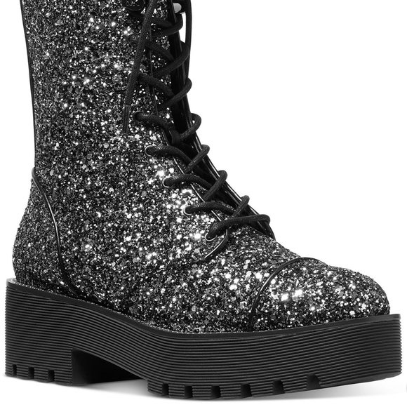 NWOB MICHAEL KORS Women's Bryce Lug Sole Combat Booties Black Silver B4HP - Picture 1 of 4